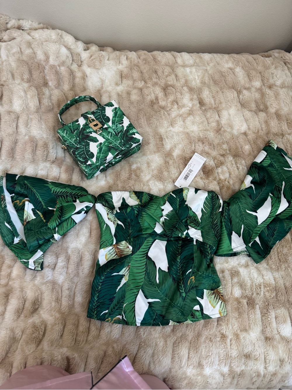 Tropical Off-Shoulder Leaf Print Top and Matching Mini Bag - Green White